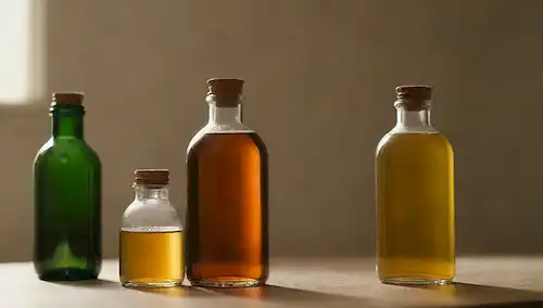 3-4 objetos sobre una mesa, botellas de aceite en diferentes tamaños y formas, uno posiblemente abierto con un brote de vertido, rodeado de fondo de color neutro, iluminación cálida, sombras sutiles, pequeñas reflexiones