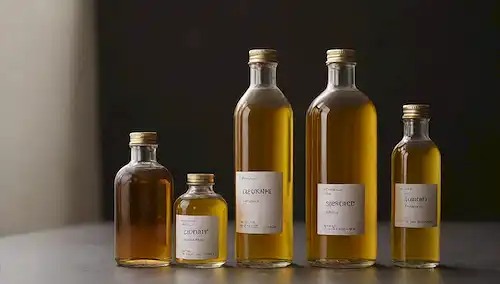 5-7 botellas de aceite en varios tamaños y formas, algunas son marcas de alta gama y otras opciones más asequibles, contra un fondo neutro, destacando diferencias de color y diseño