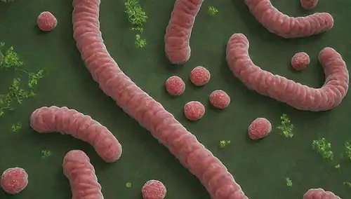 Ilustración 3D de células intestinas con gotas de agua clorada, microbios envueltos por glóbulos blancos, inflamación del revestimiento intestinal, glóbulos rojos fluyendo a través, moléculas de clorofila flotando alrededor, flora intestinal prosperando en vegetación media, diversidad de microbioma en varios colores, racimos de bacterias y cadenas, flagelo en forma de espiral