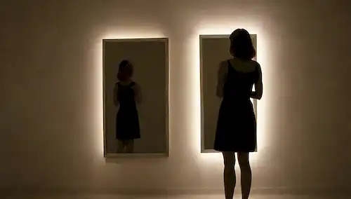 Una persona sola, sosteniendo un espejo, con un reflejo débil, rodeada de sombras, iluminada con luz tenue, transmitiendo vulnerabilidad e introspección, con gestos sutiles que insinúan el arrepentimiento