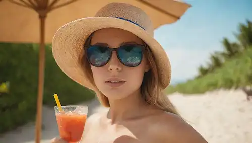 Una persona con una tez radiante, con sombrero y gafas de sol, de pie junto a un paraguas de playa con un refrescante cóctel en la mano, rodeado de exuberante vegetación, arena tibia, y cielos azules claros, con un sutil toque de sol brillan, transmitiendo relajación y vibraciones de verano