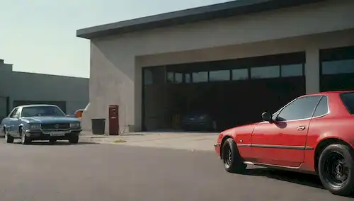 Un exterior de coches, estacionado en una carretera o calle, con un garaje o centro de servicio en el fondo, una persona que se acerca o se para cerca del vehículo, herramientas y equipos colocados cerca