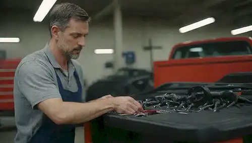 exterior de coche, taller de reparación fuera del sitio, vehículo de inspección técnica, herramientas y equipos cercanos, manos mecánicas tocar superficie de coches, espacio de trabajo profesional, contenedores de almacenamiento organizado, fondo con entorno industrial o comercial