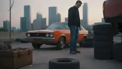 Una vista frontal de coches, llantas desgastadas, piezas oxidadas, un mecánico en el fondo, caja de herramientas dispersa en el suelo, y un paisaje urbano al atardecer
