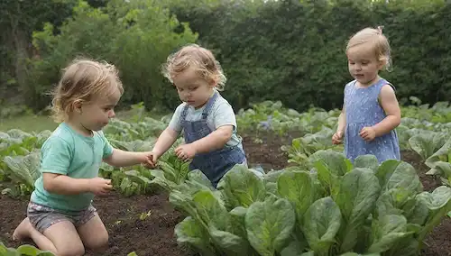 3 niños pequeños jugando cerca de un jardín vegetal