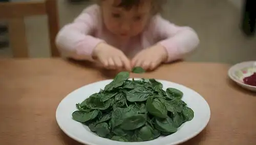 Un plato con espinacas, verdes de remolacha y borage, rodeado de un círculo con señales de advertencia; una vista de cerca de un niño que recoge una hoja; un tazón de verdes mezclados en una mesa con juguetes en el fondo; una expresión preocupada en un niño cara que sostiene un puñado de hojas