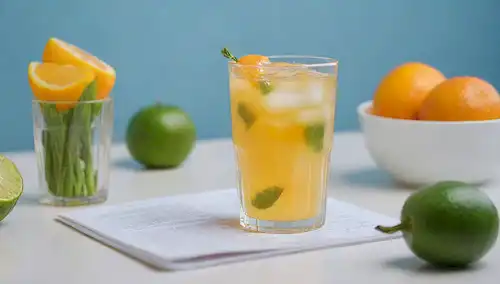 Un refrescante vaso de agua sobre una mesa junto a un portátil o libro, con una taza de té verde en el fondo, rodeado de frutas frescas como naranjas y pepinos, con algunas hojas verdes o brotes alrededor de los bordes, contra un fondo azul o blanco suave