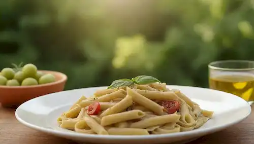 Una placa de tono cálido con un fondo verde vibrante, con unas cuantas rodajas de fruta jugosa, un tazón de pasta de granos enteros, y un vaso de aceite de oliva fresco, rodeado de vegetación exuberante con toques de sol dorado, transportando energía, vitalidad y nutrición