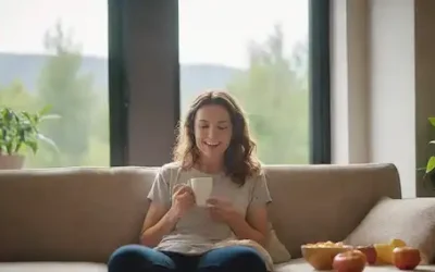 Una brillante y vibrante escena de la mañana con una cálida luz solar que vierte a través de grandes ventanales