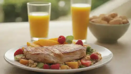 Una placa brillante y vibrante de frutas y verduras saludables, un vaso de jugo de naranja recién exprimido, un tazón de cereales integrales con nueces, y una rodaja de pechuga de pollo asado magro, con un fondo soleado cálido con una textura sutil