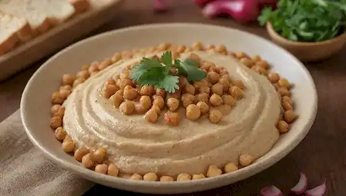 Una placa de tono caliente con un dollop de hummus, rodeada de un arreglo de garbanzos y lentejas asados, adornados con plataformas de perejil frescas, rábanos rebanados y chips de pita tostadas, enmarcados en un fondo rústico de madera o piedra