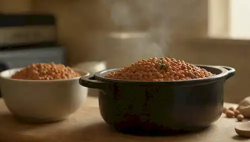 Una escena de cocina caliente, cocina lenta, lentejas, garbanzos, cuchara de madera, aumento de vapor, corteza dorada marrón, iluminación suave, ajuste de mesa rústica, atmósfera acogedor