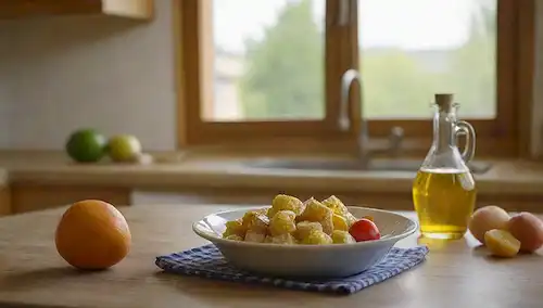 Un plato con una cucharada de aceite de oliva y aceite de girasol lado a lado