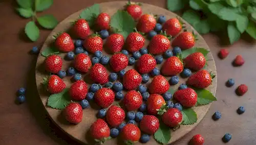 Un plato de fresas rojas vibrantes dispuestas en un patrón circular sobre una mesa de madera rústica