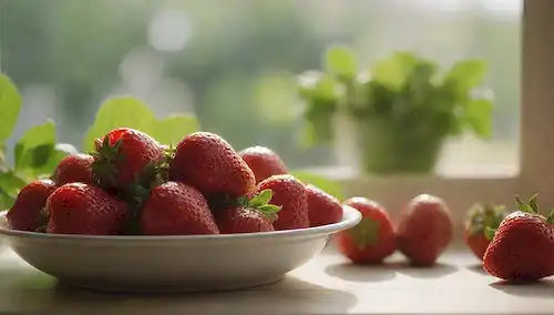 Un plato de fresas frescas con hojas verdes, luz de sol dorada brillando a través de una ventana, enfoque suave en la fruta, sombras suaves, colores cálidos y acogedores