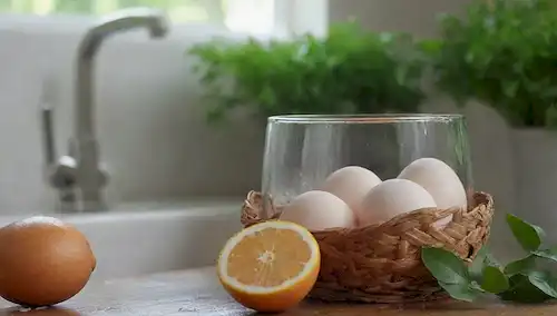 Una canasta de huevos frescos rodeados de vegetación