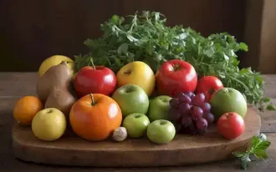 Veggies y frutas en un arreglo colorido