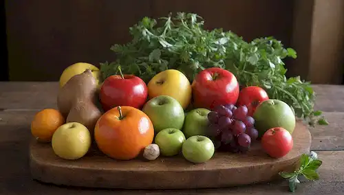 Veggies y frutas en un arreglo colorido