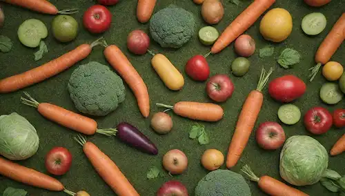 Una escena de jardín con verduras y frutas coloridas, patrones giratorios como hojas o viñedos, recortes decorativos para adornos, una mezcla de texturas y colores, una sensación lápida, ilustraciones de varias verduras como zanahorias, patatas y pepinos, rodajas de frutas y arreglos