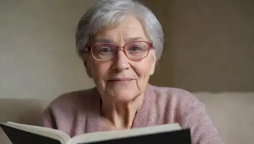 Gafas 3D con lentes, sutil efecto gradiente, pose de lectura relajada, iluminación suave, cómoda expresión facial, persona mayor, suave sonrisa, material de lectura cercano, ambiente tranquilo y sereno