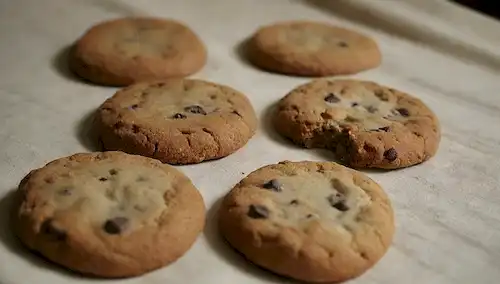 3-5 galletas con diferentes grados de moho, algunas con signos visibles de crecimiento fúngico, otras con superficies desgarradas o rotas, en un mantel desgastado con migajas y manchas