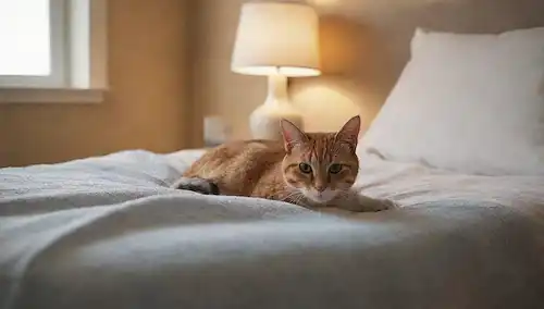 Una cálida y acogedora escena del dormitorio con un gato acostado en la parte superior de sus piernas propietarios o pecho; una manta suave o cubierta de duvet en un color calmante como beige, gris o azul; un brillo sutil de una lámpara cercana o sol de la mañana; el propietario relajado y durmiendo tranquilamente; unos juguetes, libros u otros accesorios de felino dispersos alrededor