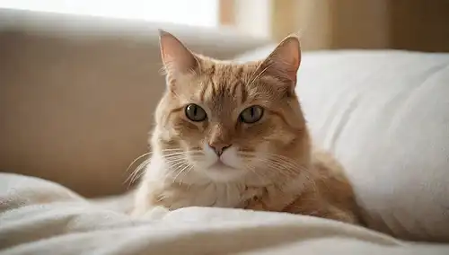Un gato tranquilo descansando en un pecho humano, rodeado de mantas suaves y almohadas, con suave luz filtrando a través, transportando calidez y coziness, y tal vez algunas cortinas brillantes o una textura sutil de fondo para el contexto