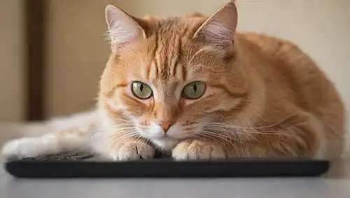 Un gato sentado en un teclado de computadora, patas curvadas alrededor de las teclas, silbidos girando, ojos fijos en la pantalla; enfoque suave en la textura furtiva, sombras suaves bajo la barbilla, ligera borda alrededor de los bordes para transmitir intimidad; color de fondo calma, gradiente sutil para sugerir el reino digital; elementos de diseño minimalista, no distracciones; atractiva pose