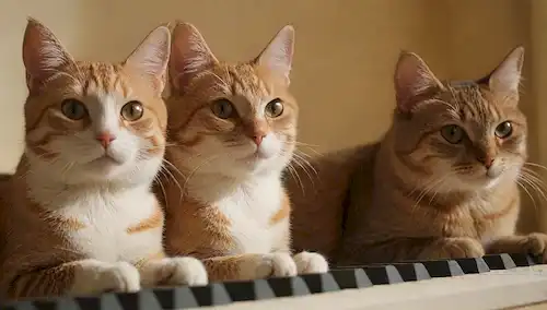 2-3 gatos, sentado en el teclado, paw-tapping, orejas arriba, whiskers twitching, expresión curiosa, ambiente tranquilo, iluminación suave, colores cálidos
