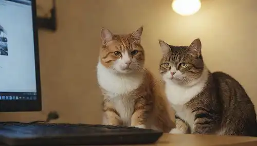 2 gatos sentados en la computadora portátil, un teclado pawing, otra pantalla de lamer, iluminación suave, fondo acogedor, juguetes gato cerca