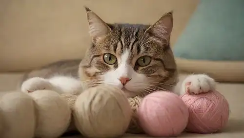 Un gato acostado en un sofá con su pata envuelta alrededor de una bola de hilo, un gato arañando un pedazo de muebles, un gato amasando con sus patas, una lengua de gatos pegando mientras se lame, un gato ojos medio cerrado en la relajación, suave y calmante iluminación, un fondo sereno