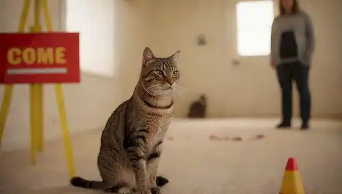 a gatos cara con una expresión preocupada, usando una señal de advertencia roja, de pie delante de una silueta de mujeres embarazadas rodeada de cinta de precaución, en medio de un fondo borroso de muebles de casa con juguetes de gato dispersos y litera