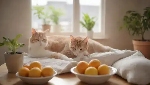 Una acogedora casa con un gato saltando sobre un cojín suave, una mujer embarazada leyendo un libro en el fondo, un tazón de fruta fresca y verduras en una mesa, una pata de gatos tocando suavemente una pequeña olla de planta, la luz del sol fluyendo a través de la ventana, unos pocos juguetes de gato dispersos, un ambiente tranquilo y sereno