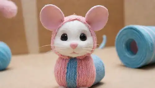 Juguete de ratón de cartón 3D, tubo de papel enrollado, rayas rosas y azules, envolvimiento de hilo suave, silbidos lindos, orejas pequeñas, mirada gatita juguetona, cara sonriente
