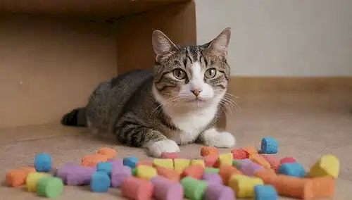 10 juguetes suaves para gatos dentro de una caja de cartón, coloridos rollos de toalla de papel juntos, gato juguetón rodeado de piezas de rompecabezas, curioso gatito tratando de averiguar el juguete, gato feliz jugando con juguetes de gato DIY, gato disfrutando del divertido e interactivo juego