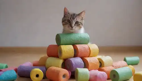 Forma de pirámide 3D, rollos multicolor envueltos con pegamento, juguetes para gatos hechos de rollos de papel higiénico, proyecto DIY creativo, colorido y juguetón, divertido e imaginativo, amigos felinos jugando, escena alegre, caprichosa y soñada