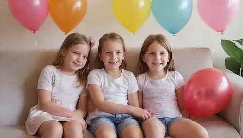2 niños y un gato sentado en un sofá, sonriendo, agarrando las manos, rodeado de globos, flores y vegetación, con un cálido rayo de sol, representando amor, salud y armonía