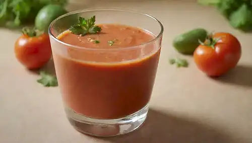 Una refrescante escena de verano con un vaso refrigerado de gazpacho rodeado de vegetación exuberante