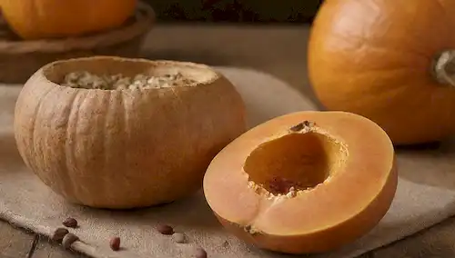 Una calabaza con una sección abierta cortada que revela semillas, una cuchara de madera o una cuchara en el primer plano, beige cálido y tonos naranjas, algunas semillas diseminadas alrededor, un fondo rústico con posiblemente una canasta o un paño