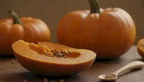 Una luz cálida y dorada sobre una superficie de madera, una calabaza (pumpkin) a lavó y se arrancó, una cuchara y un tazón cerca, semillas dispersadas alrededor, un toque de colores otoñales, enfoque suave