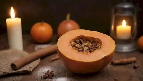 una calabaza de naranja madura sobre una mesa de madera rústica, rodeada de varios ingredientes como el azúcar, canela y clavos, con algunas herramientas como una cuchara, una pastilla y una cuchara de madera que se encuentra cerca, frente a una vela caliente o luz de la linterna, transportando un ambiente acogedor y acogedor