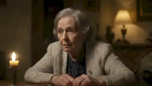 Una mujer de edad sentada sola en una habitación muy iluminada, rodeada de viejos herederos de la familia, mirando preocupados y preocupados, con un ligero toque de nostalgia en sus ojos, como si reflexionase sobre los recuerdos del pasado, mientras sostiene una llave antigua o una fotografía desgastada