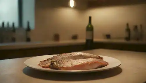 Una mesa con una sola placa de pescado sin tocar en ella