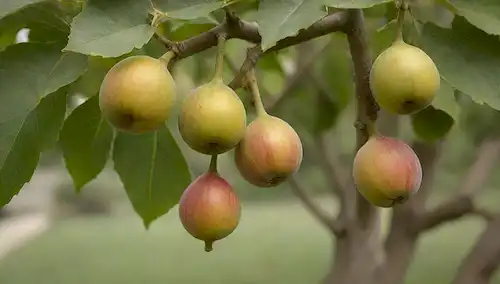 3-4 higos con frutos maduros y sin madurar, formas y colores variados, incluyendo verde, amarillo, naranja y púrpura; hojas en diferentes etapas de crecimiento; textura de fondo sutil con un tono cálido; iluminación natural con sombras suaves; un sentido de serenidad y abundancia