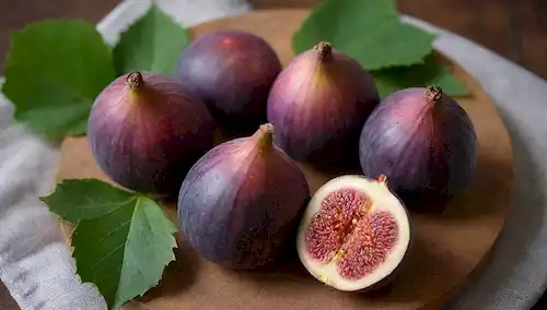 3-5 higos maduros (Higos) con diferentes niveles de maduración, algunos parcialmente abiertos para revelar sus centros dulces y similares a mermeladas, otros enteros con patrones intrincados en su piel, arreglados artísticamente en una placa de madera rústica o un paño de fibra natural, rodeado de hojas verdes frescas y ramitas, con la escena general iluminada por luz suave y cálida