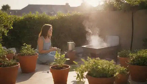 un soleado patio trasero, paneles solares en el techo, jardín con plantas verdes, cocina familiar sonriente exterior, resplandor cálido en el fondo, vapor que se levanta de la olla, brisa suave