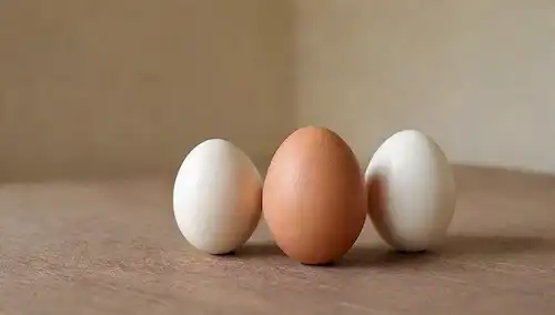 2-3 huevos marrones y 2-3 huevos blancos en una mesa de madera o wicker, luz natural suave, sombras sutiles, huevos colocados en una composición triangular, perspectiva ligeramente inclinada para añadir profundidad, fondo borroso simple para llamar la atención sobre los huevos, no props o distracciones