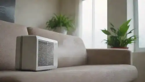 Una persona que se relaja en un sofá con un ambiente defectuoso que los rodea, un ventilador o aire acondicionado en el fondo, algunas plantas y flores cercanas, luz suave, colores neutros, vapor sutil que se levanta de un humidificador invisible