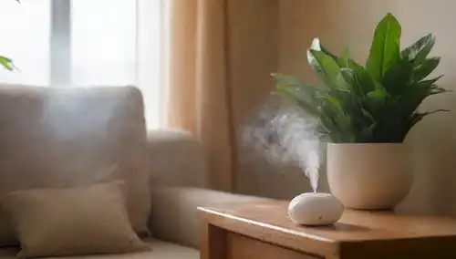 Una acogedora sala de estar con una persona que se relaja en un sofá, un ventilador en el fondo soplan suavemente, plantas alrededor, un humidificador sentado discretamente en una mesa lateral, iluminación cálida, colores suaves y gotitas de agua sutil que se levantan desde el dispositivo para crear un ambiente defectuoso