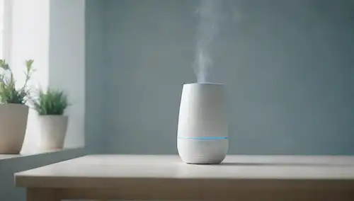 Un entorno minimalista, interior con un pequeño aparato compacto, posiblemente sobre una mesa o estante, emitiendo una suave niebla, rodeado de colores tranquilos y serenas como blanco, beige y azul claro, transmitiendo una sensación de frescura y alivio del calor de verano